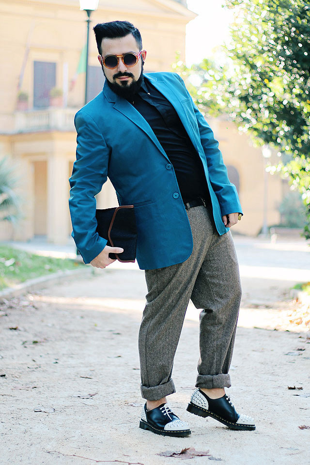outfit, fashion blogger uomo, roma, guy overboard, promod, pantaloni, tweed, blazer, blu petrolio, baxter, dr martnes, scarpe borchiate, studded shoes, bloodsucker round