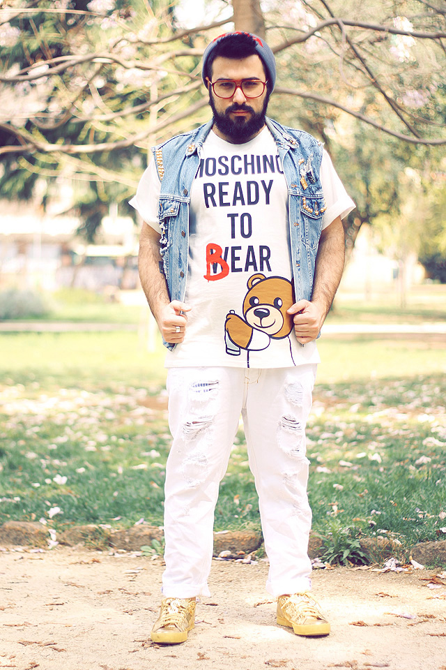 outfit, fashion blogger uomo, roma, men fashion, men outfit, moschino, jeremy scott, bear, capsule collection, Metallic Gold Leaf Reptile Rod Laver