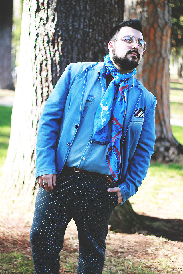guy overboard, outfit uomo, foulard, rebel yell italy, camicia demin, giacca denim, outfit casual