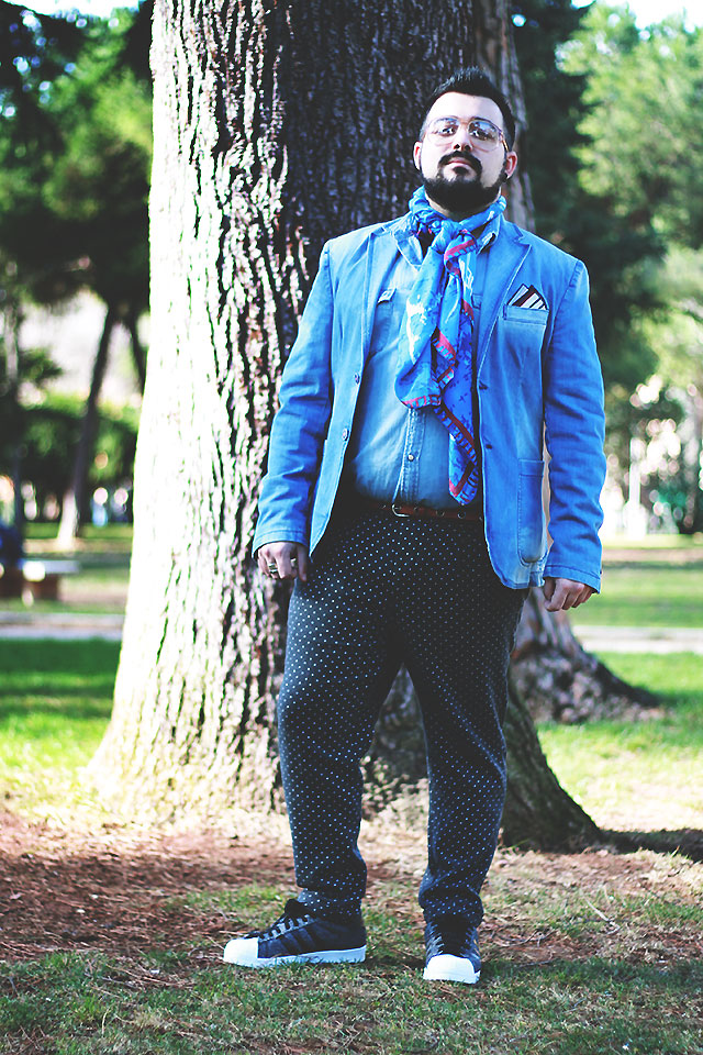 guy overboard, outfit uomo, foulard, rebel yell italy, camicia demin, giacca denim, outfit casual