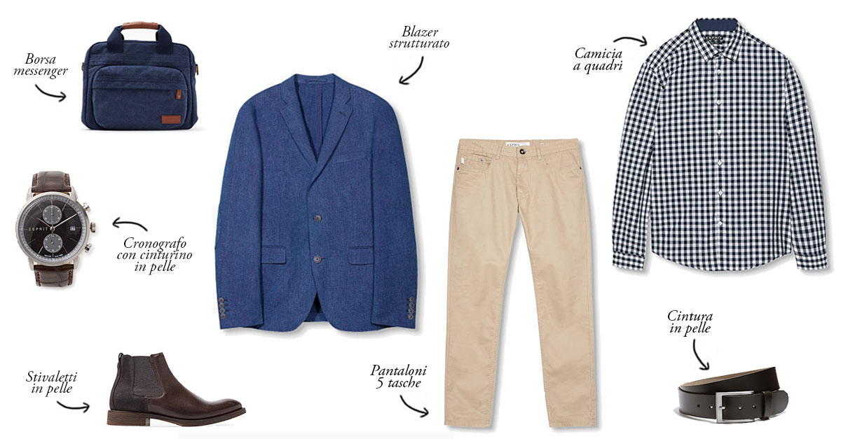 Per costruire un outfit smart-casual perfetto puntate ad un blazer strutturato abbinato a un pantalone beige, una camicia a quadri e gli stivaletti Chelsea